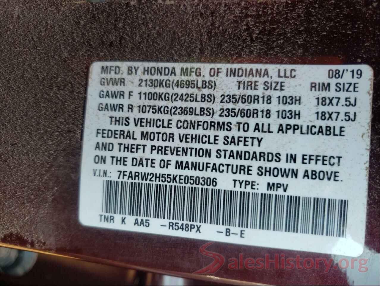 7FARW2H55KE050306 2019 HONDA CRV