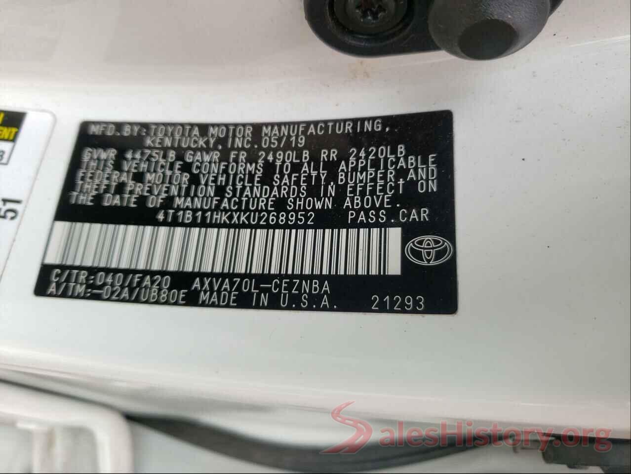 4T1B11HKXKU268952 2019 TOYOTA CAMRY