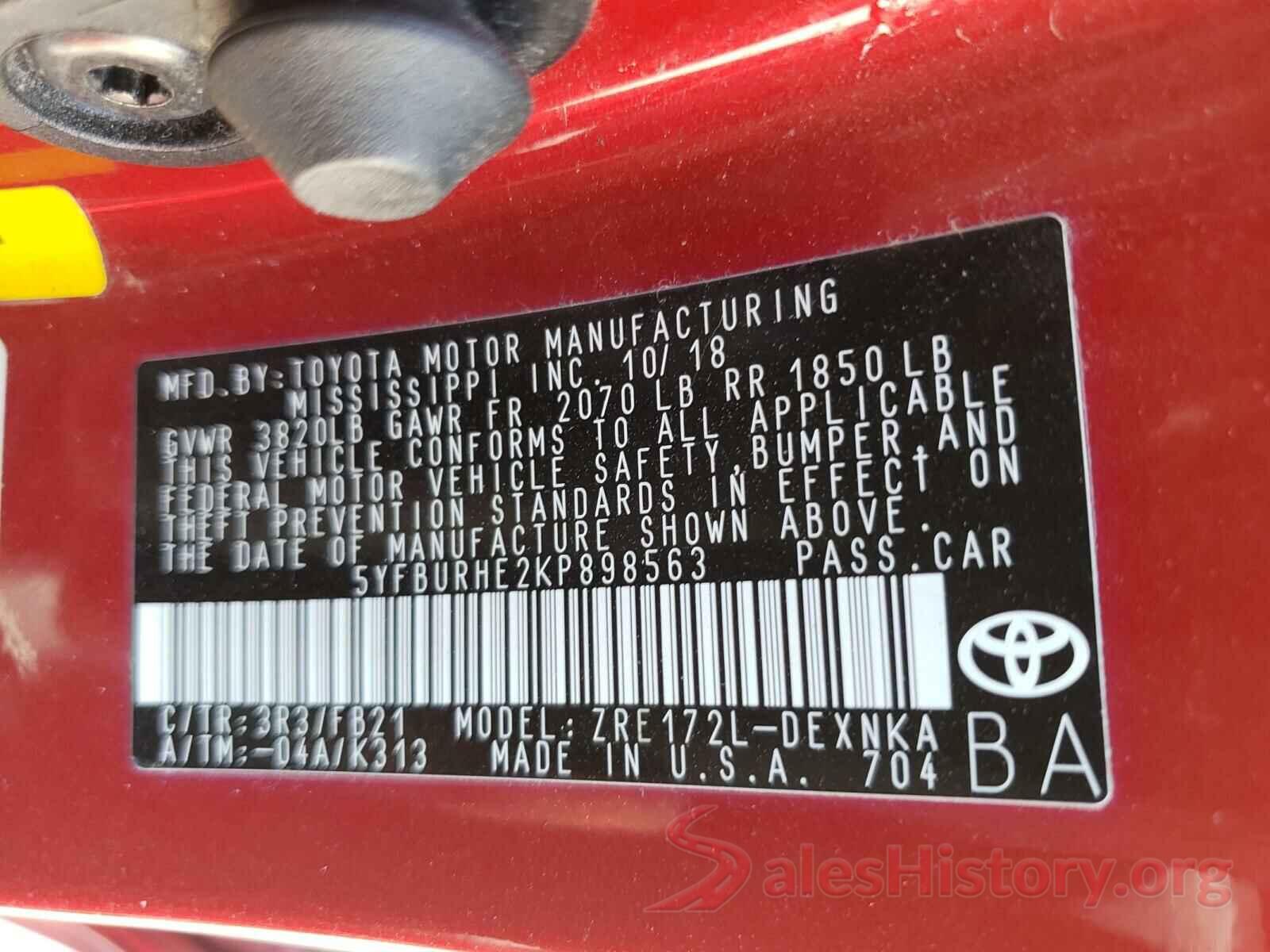 5YFBURHE2KP898563 2019 TOYOTA COROLLA