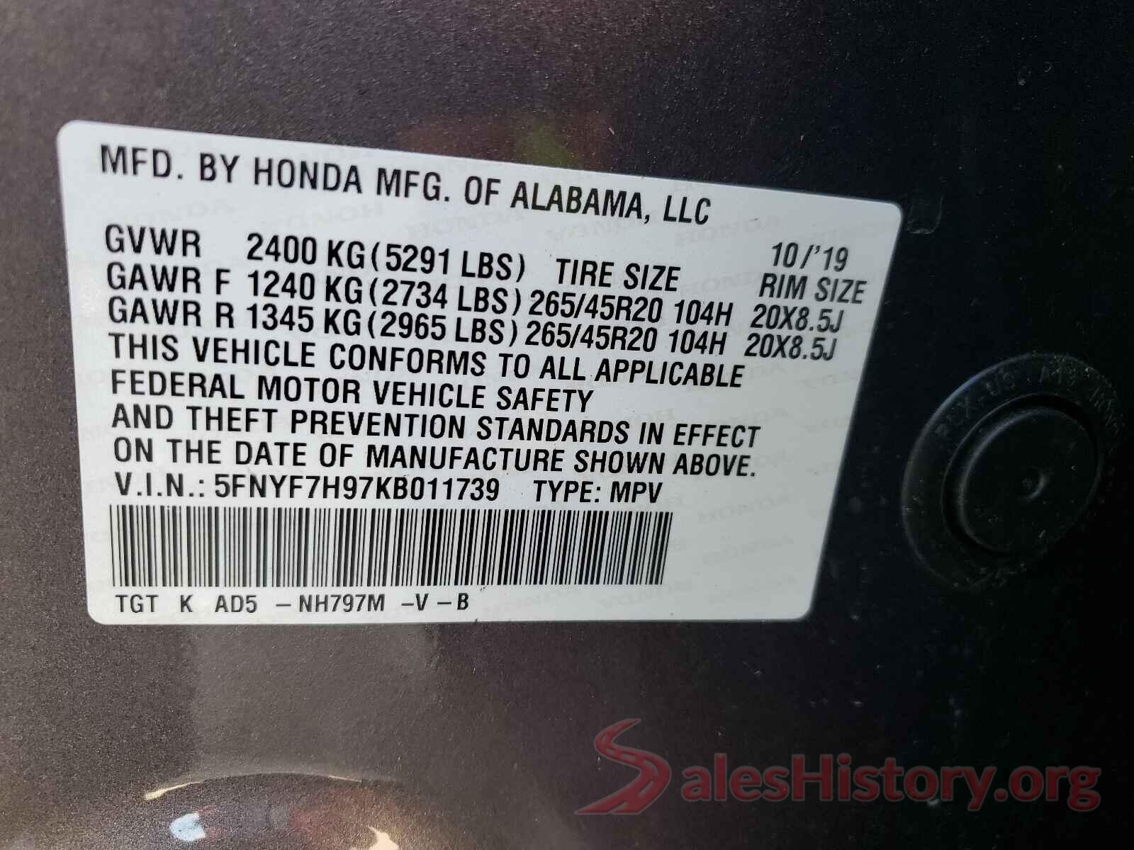 5FNYF7H97KB011739 2019 HONDA PASSPORT