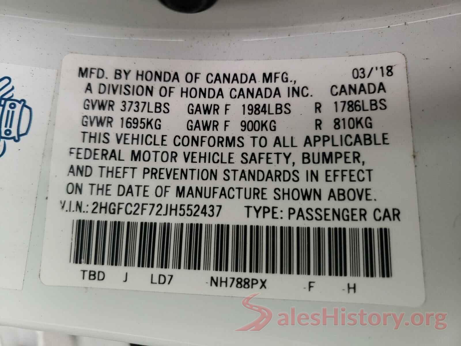 2HGFC2F72JH552437 2018 HONDA CIVIC