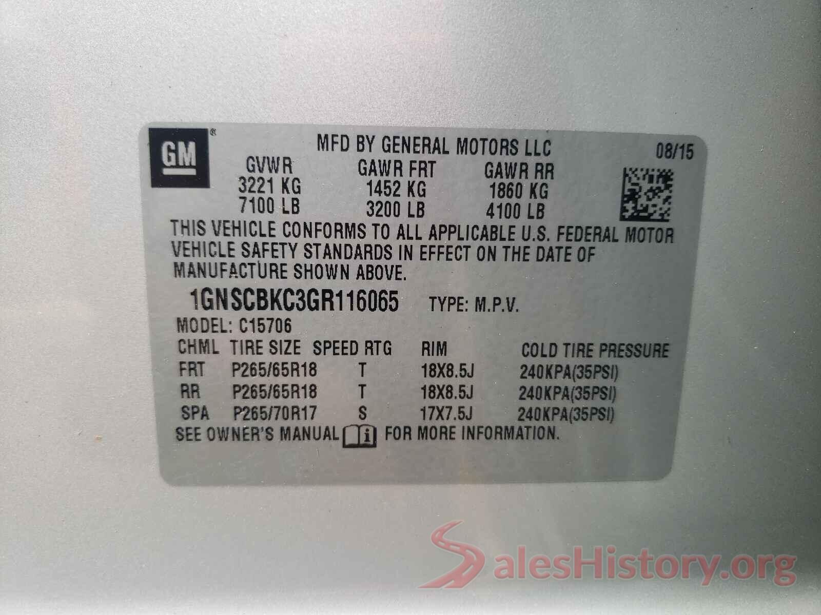 1GNSCBKC3GR116065 2016 CHEVROLET TAHOE