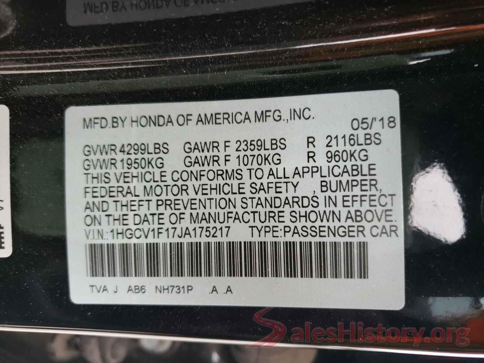 1HGCV1F17JA175217 2018 HONDA ACCORD