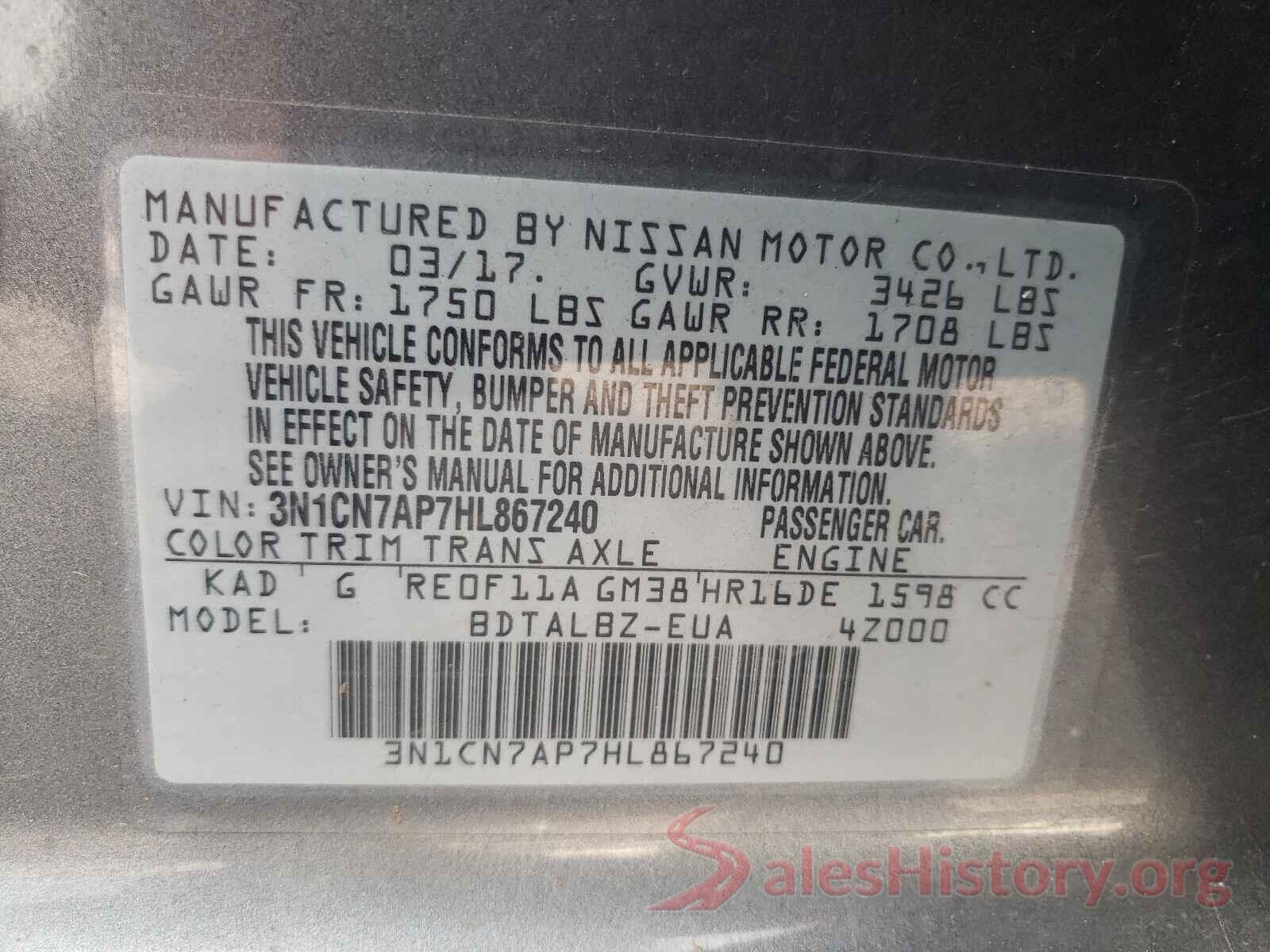 3N1CN7AP7HL867240 2017 NISSAN VERSA