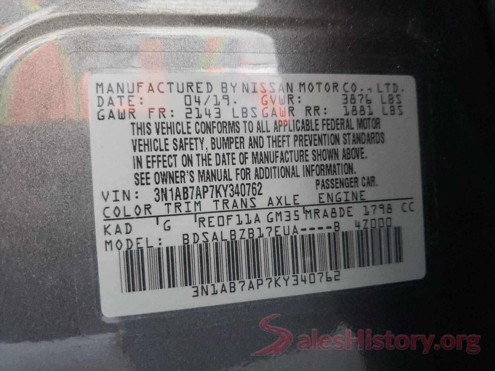 3N1AB7AP7KY340762 2019 NISSAN SENTRA