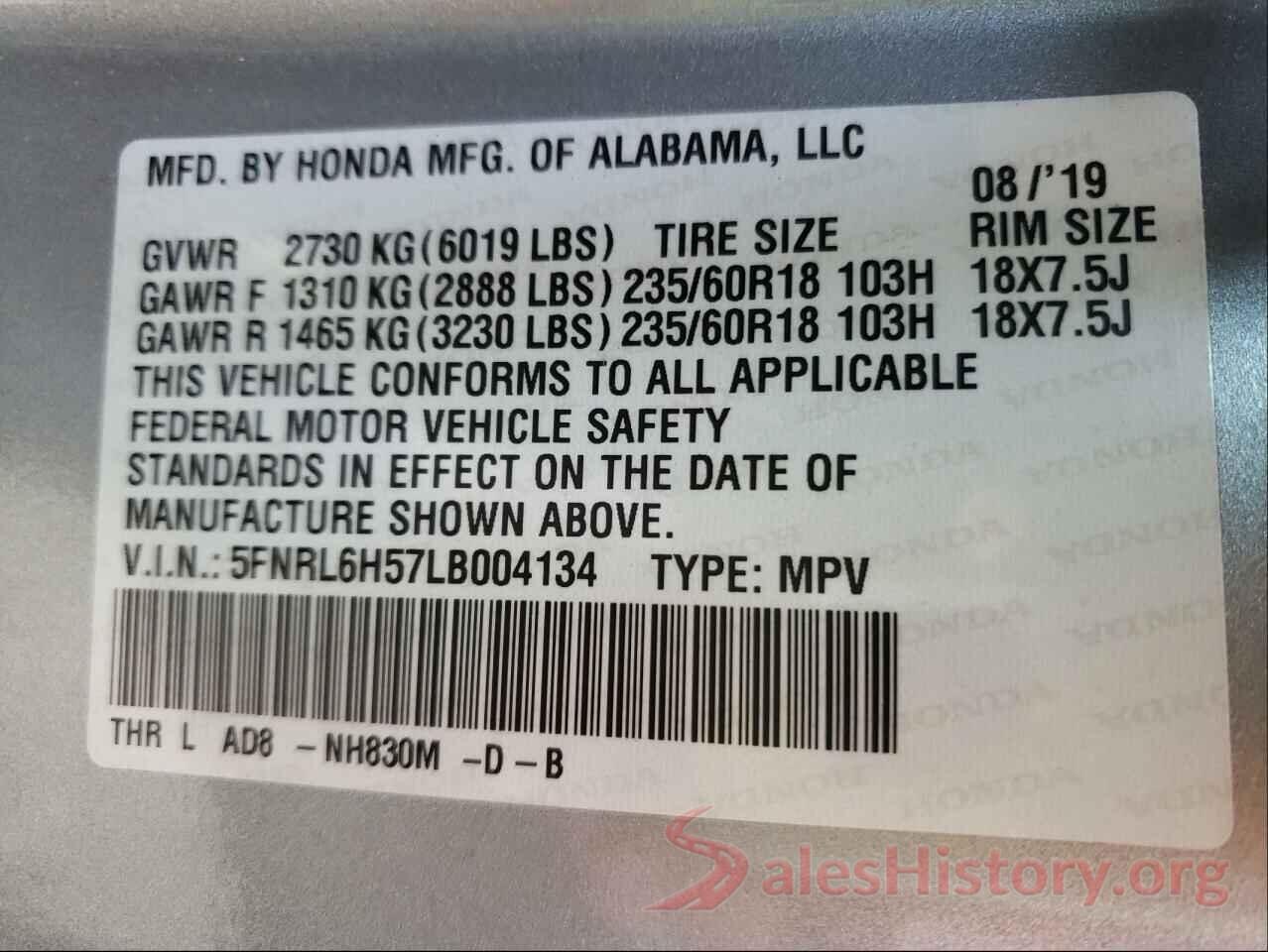 5FNRL6H57LB004134 2020 HONDA ODYSSEY