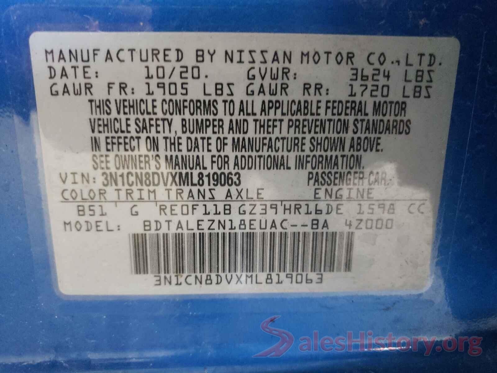 3N1CN8DVXML819063 2021 NISSAN VERSA