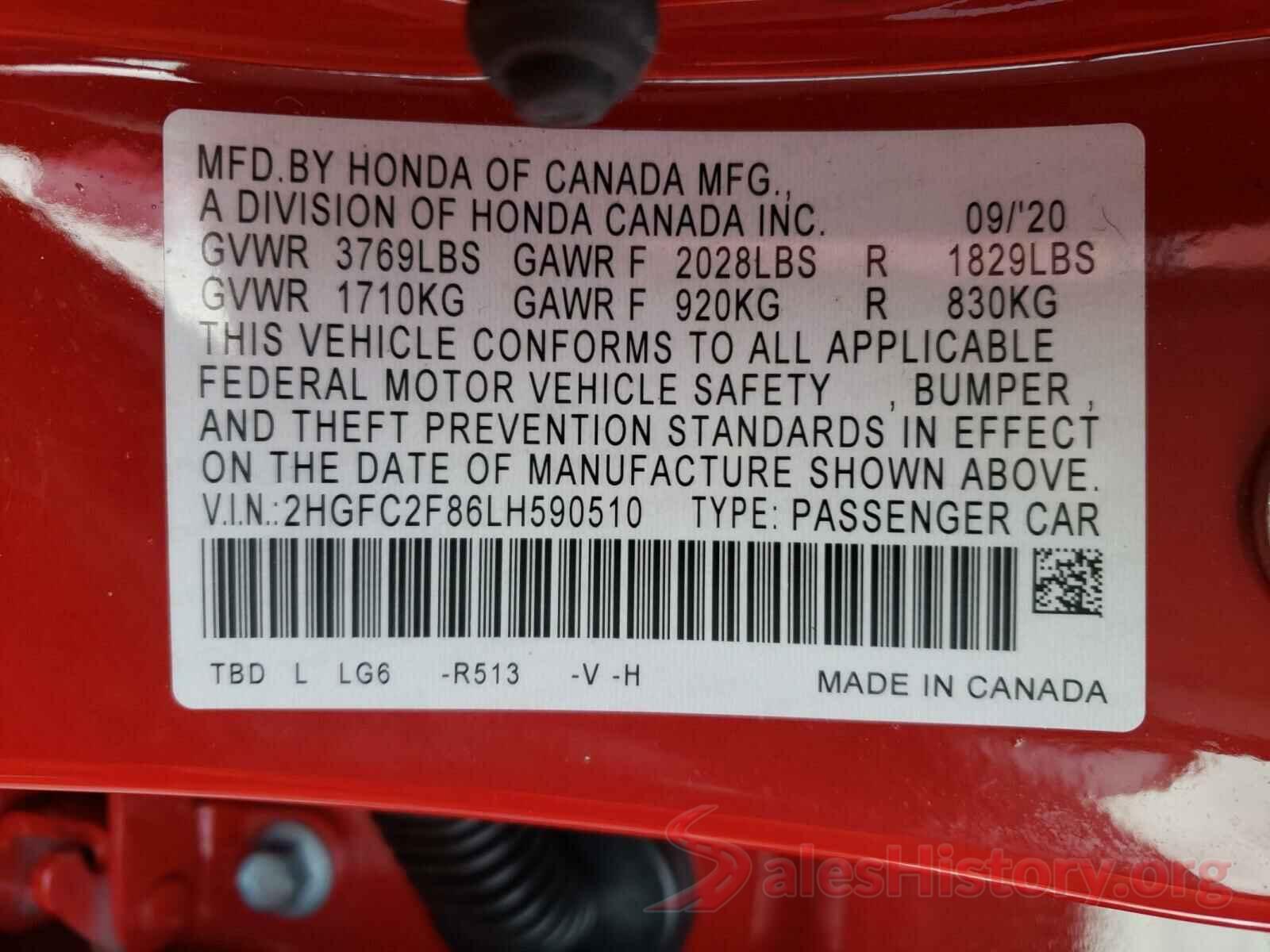 2HGFC2F86LH590510 2020 HONDA CIVIC