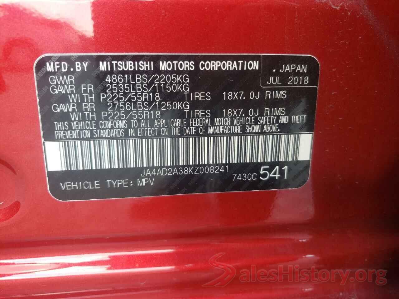 JA4AD2A38KZ008241 2019 MITSUBISHI OUTLANDER