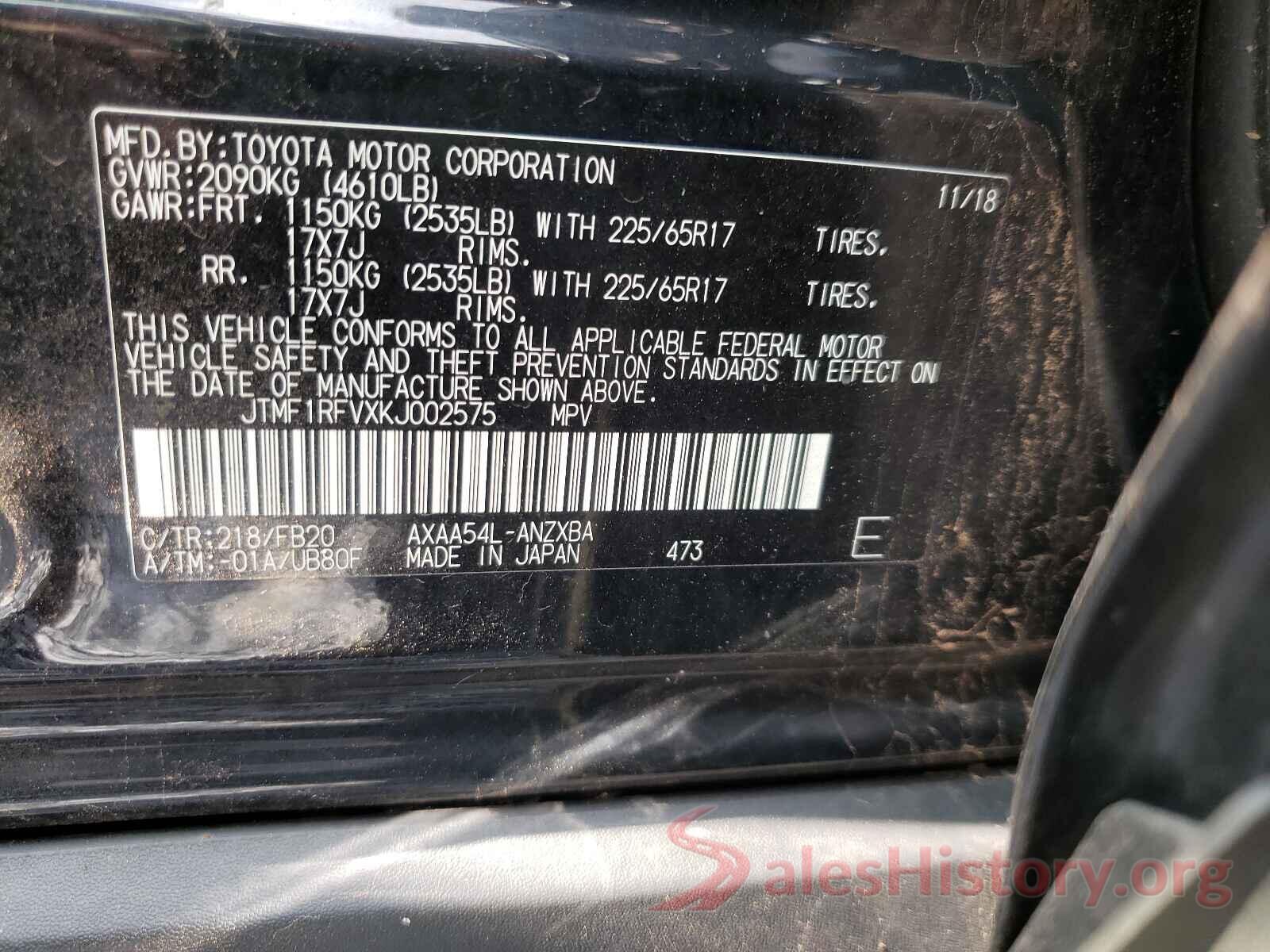 JTMF1RFVXKJ002575 2019 TOYOTA RAV4