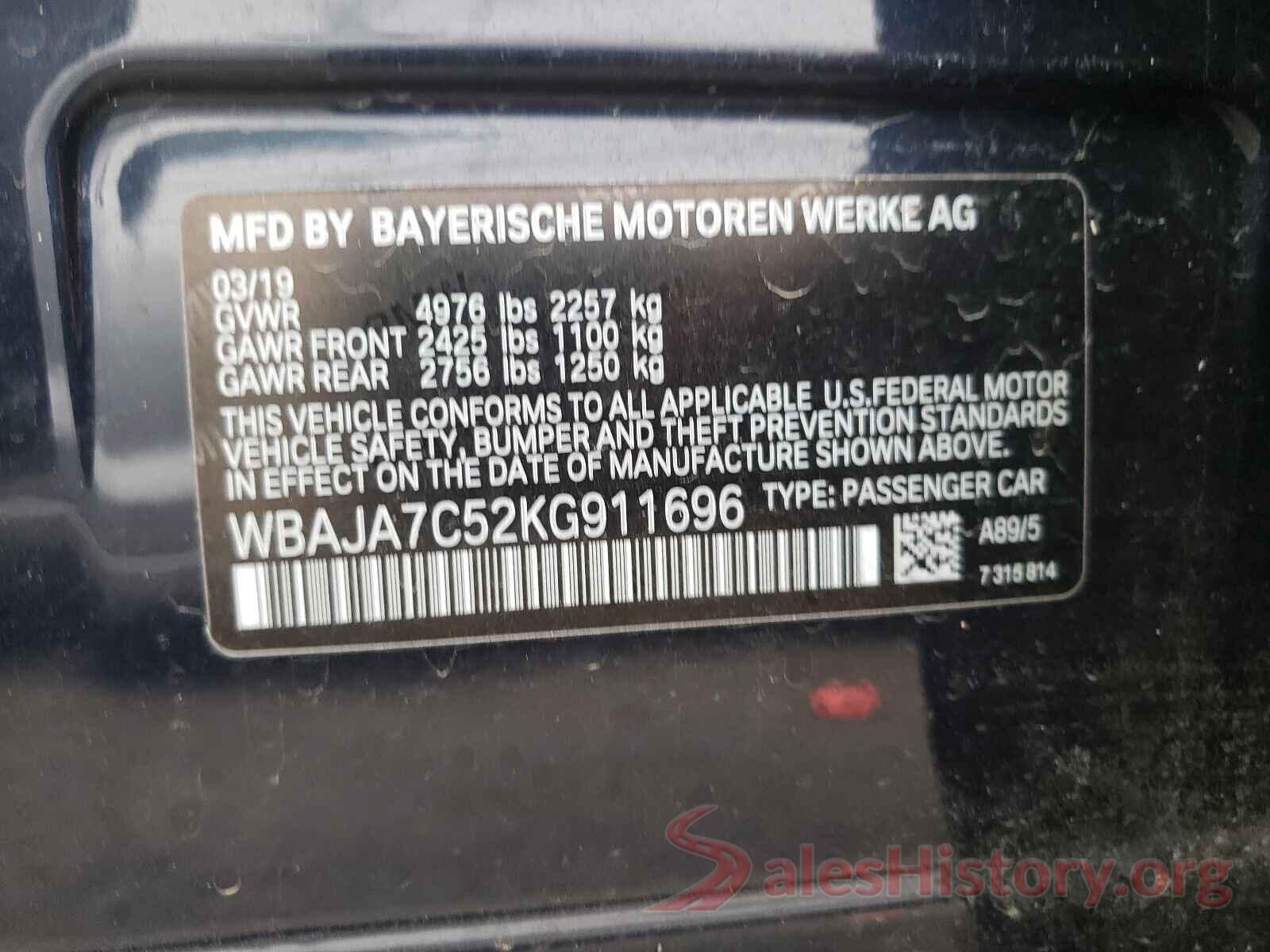 WBAJA7C52KG911696 2019 BMW 5 SERIES