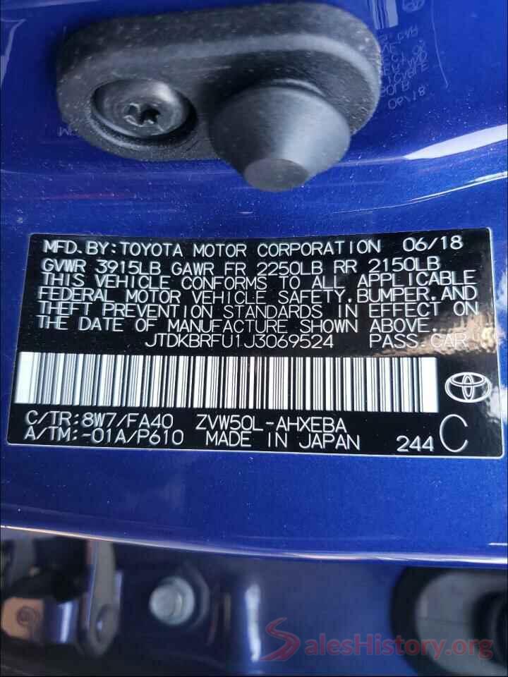 JTDKBRFU1J3069524 2018 TOYOTA PRIUS