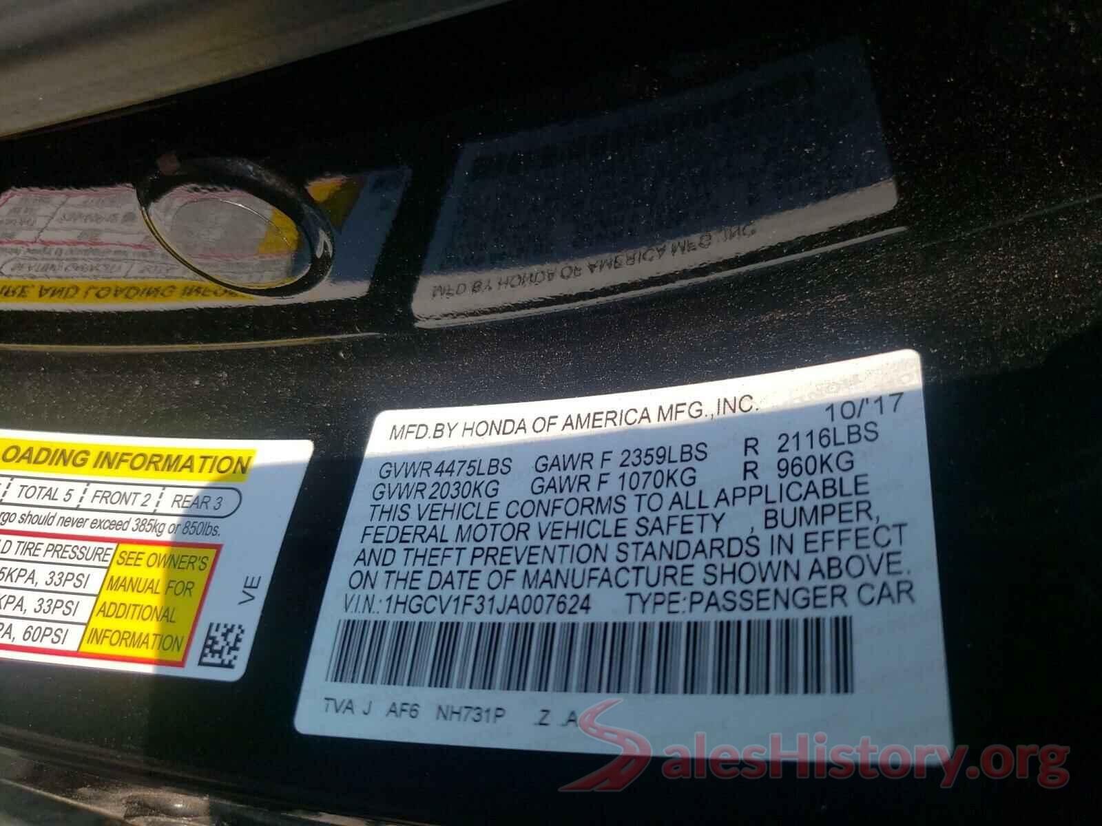 1HGCV1F31JA007624 2018 HONDA ACCORD