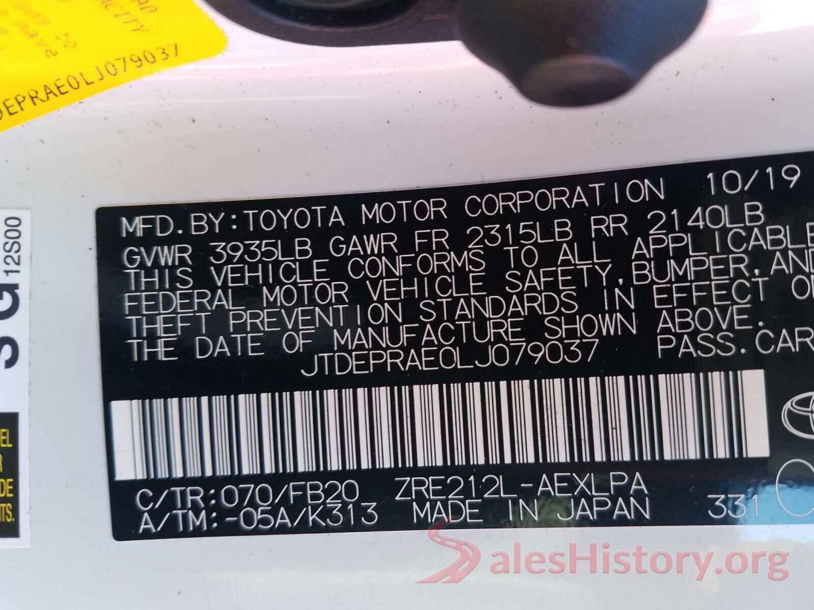 JTDEPRAE0LJ079037 2020 TOYOTA COROLLA