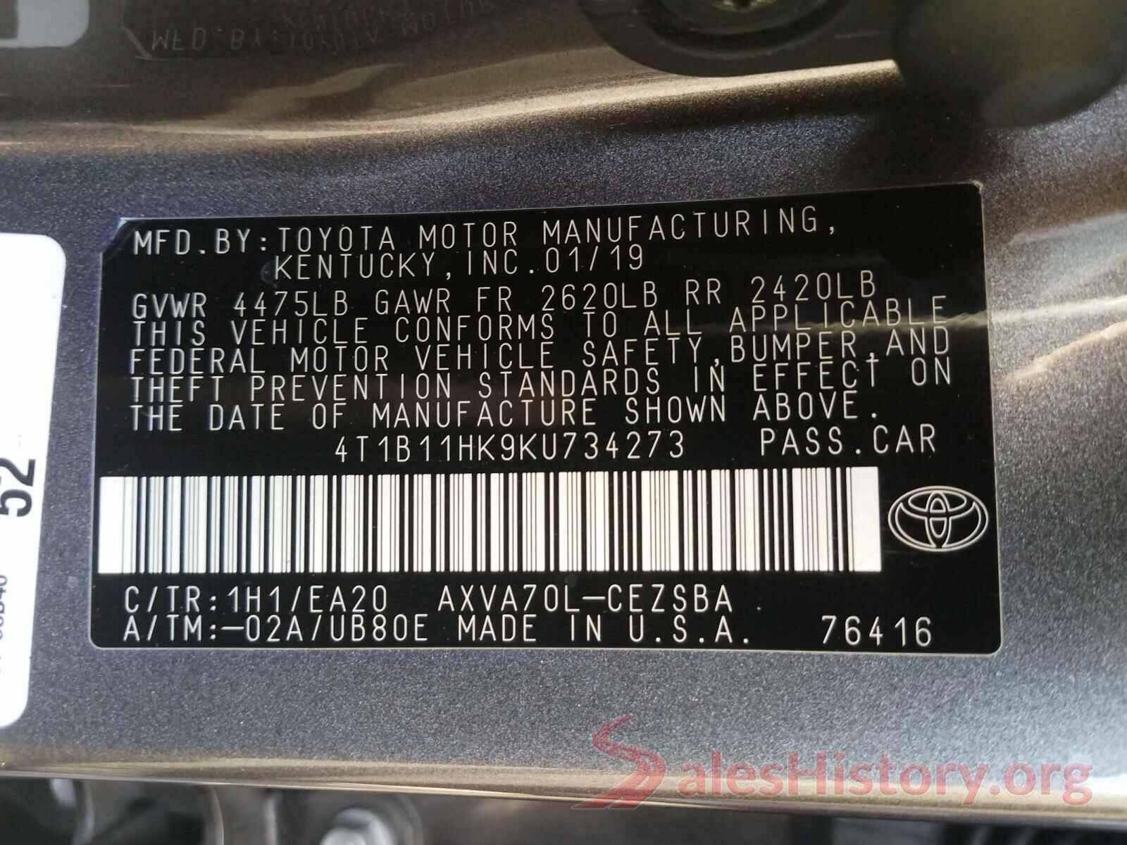 4T1B11HK9KU734273 2019 TOYOTA CAMRY