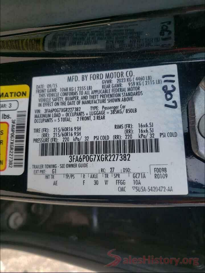 3FA6P0G7XGR227382 2016 FORD FUSION