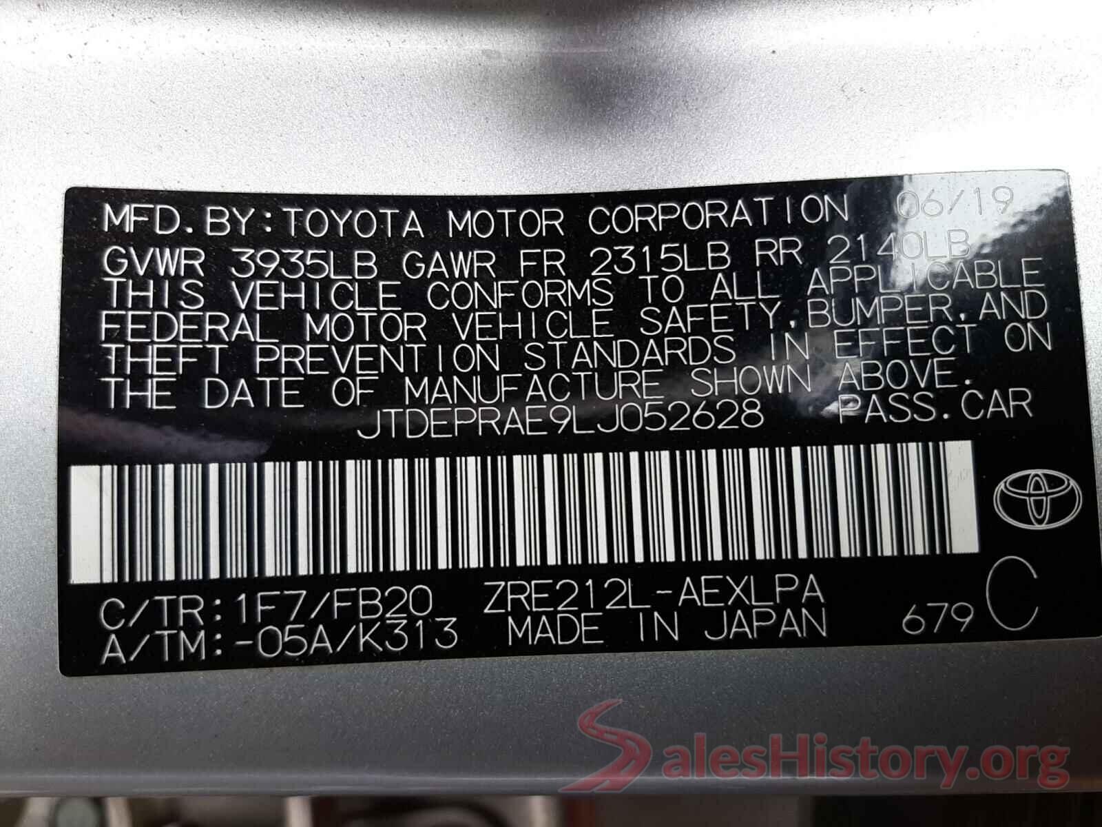 JTDEPRAE9LJ052628 2020 TOYOTA COROLLA