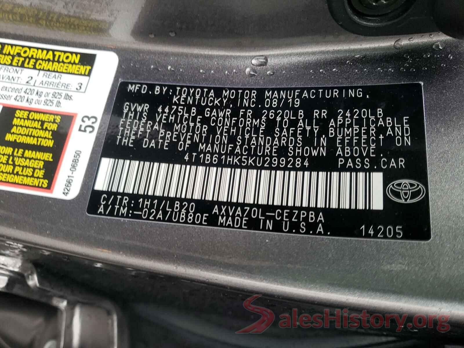 4T1B61HK5KU299284 2019 TOYOTA CAMRY