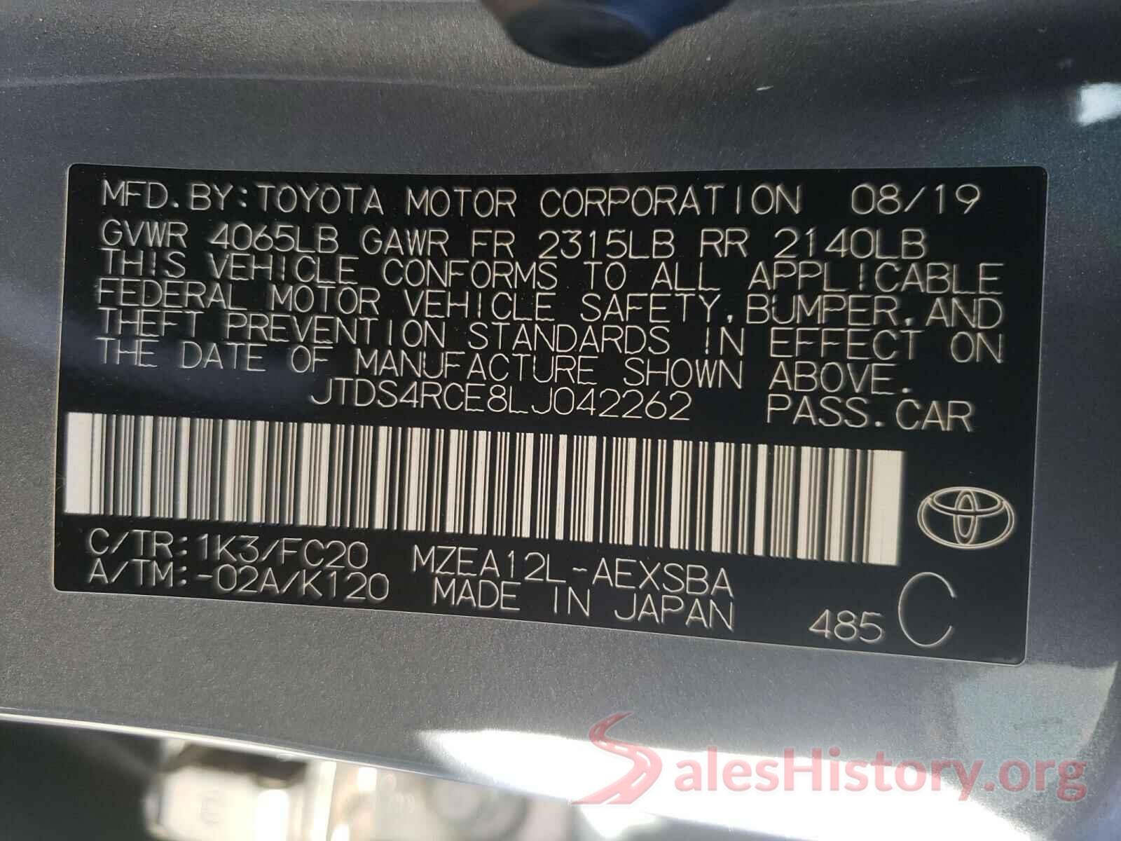 JTDS4RCE8LJ042262 2020 TOYOTA COROLLA