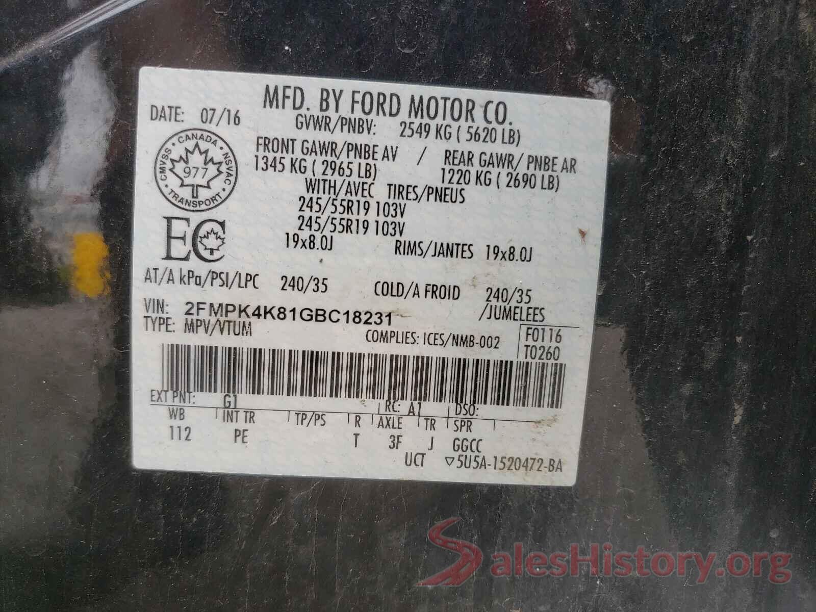 2FMPK4K81GBC18231 2016 FORD EDGE