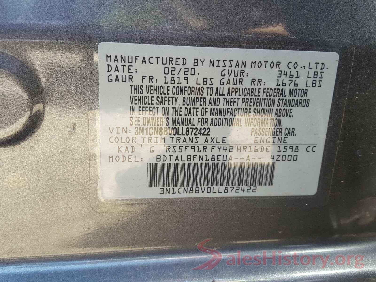 3N1CN8BV0LL872422 2020 NISSAN VERSA