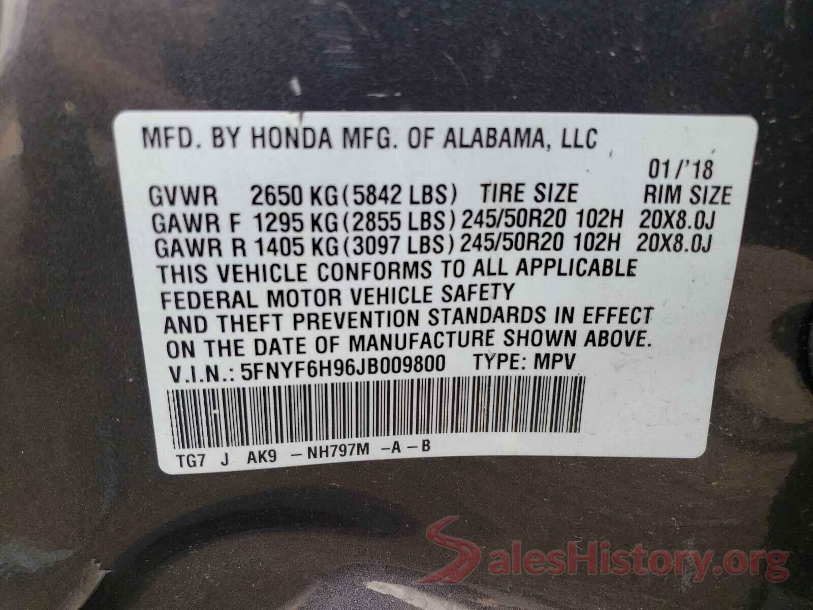 5FNYF6H96JB009800 2018 HONDA PILOT