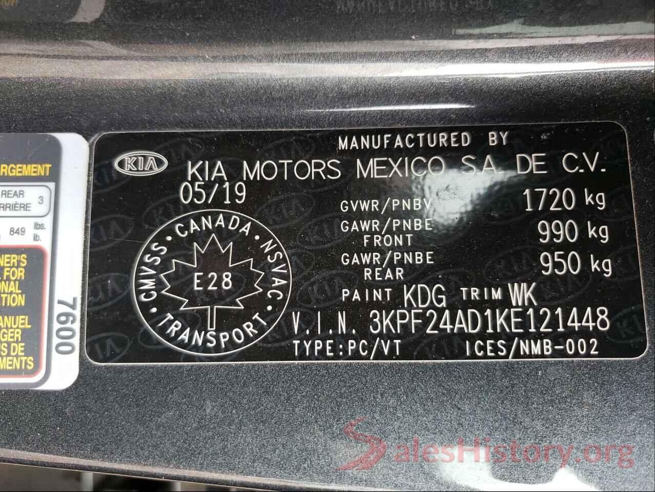 3KPF24AD1KE121448 2019 KIA FORTE