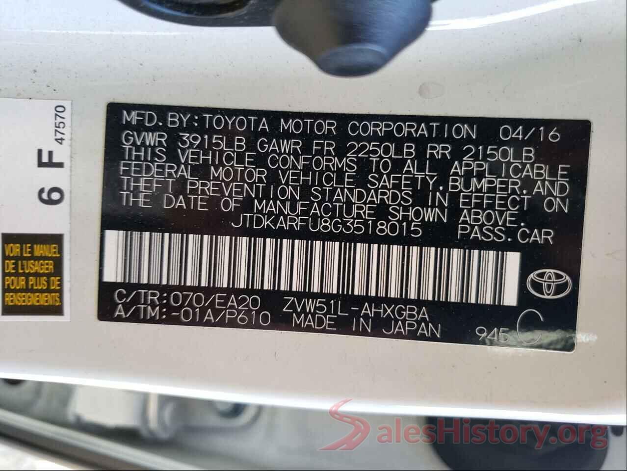 JTDKARFU8G3518015 2016 TOYOTA PRIUS