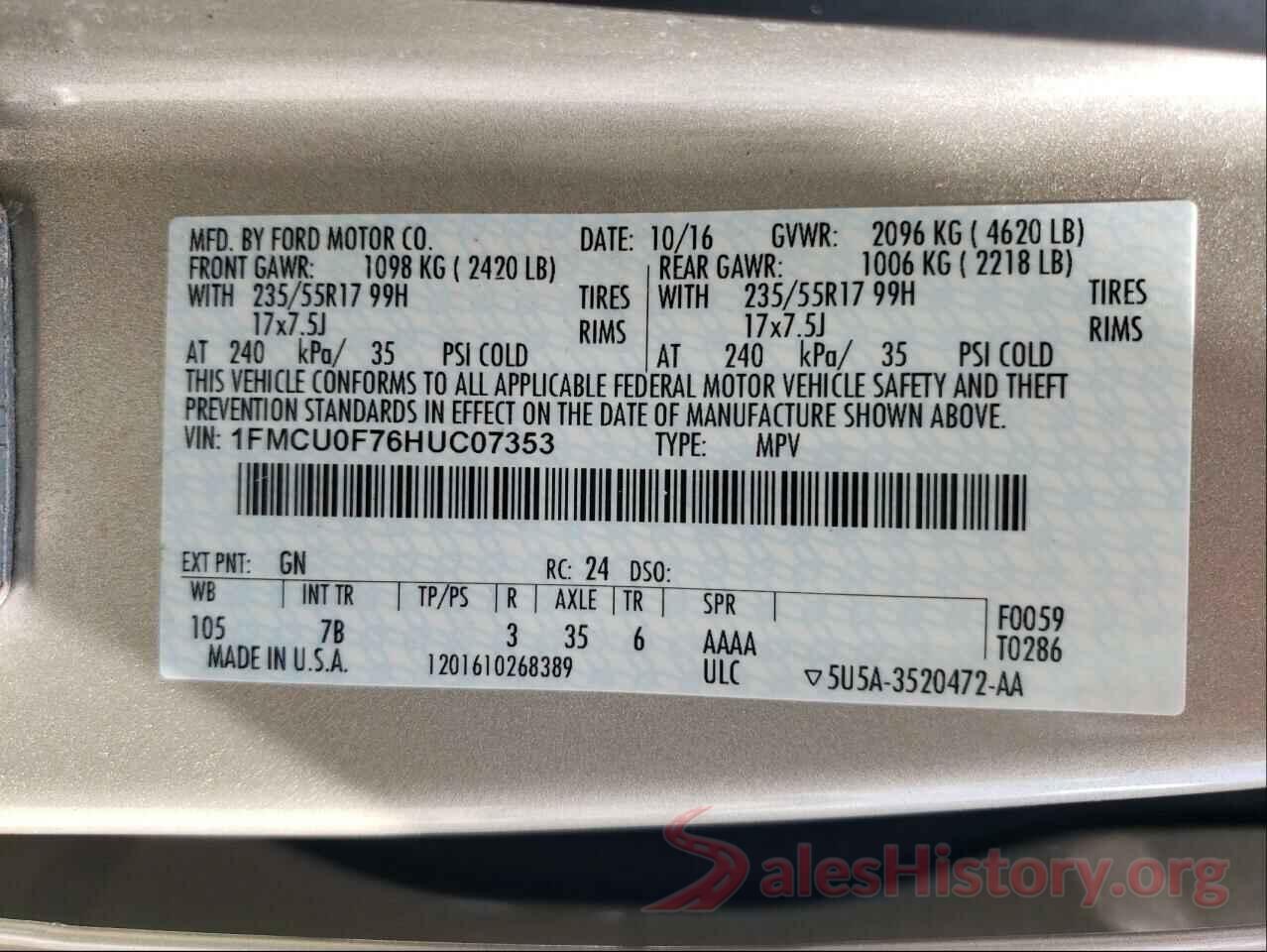 1FMCU0F76HUC07353 2017 FORD ESCAPE