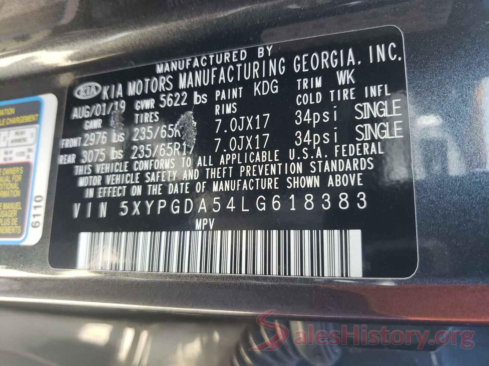 5XYPGDA54LG618383 2020 KIA SORENTO