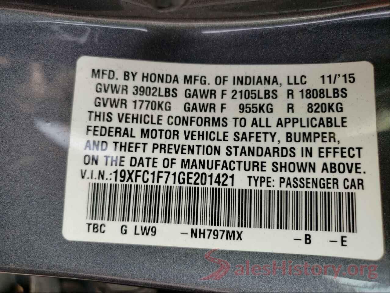 19XFC1F71GE201421 2016 HONDA CIVIC