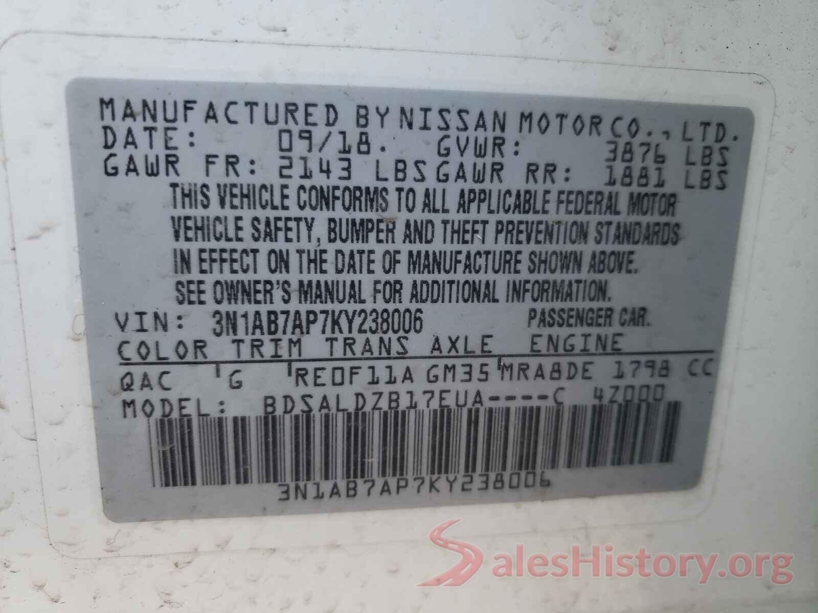 3N1AB7AP7KY238006 2019 NISSAN SENTRA