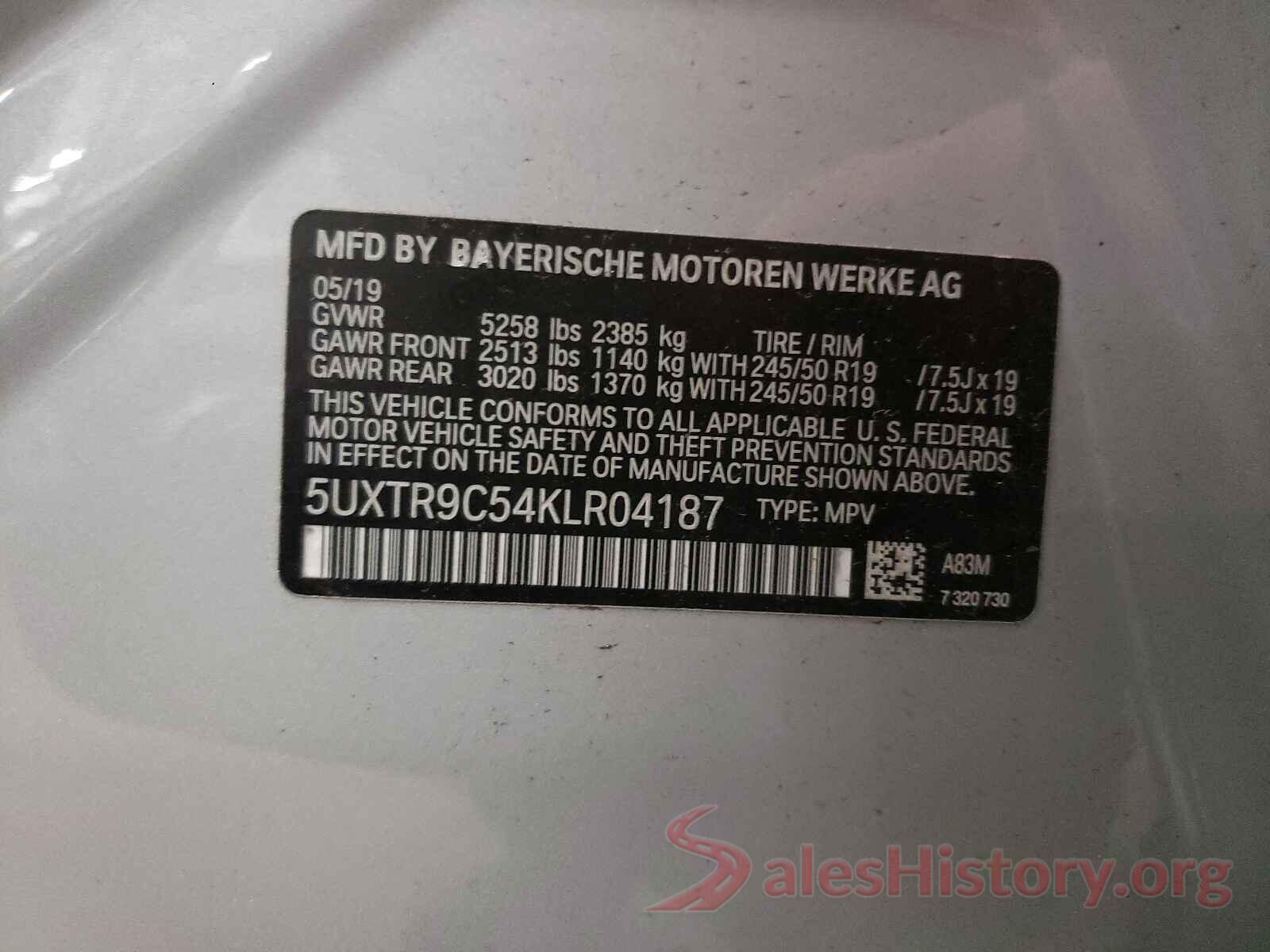 5UXTR9C54KLR04187 2019 BMW X3