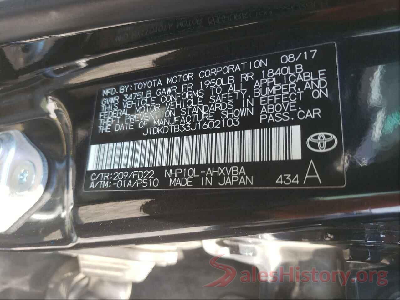 JTDKDTB33J1602103 2018 TOYOTA PRIUS