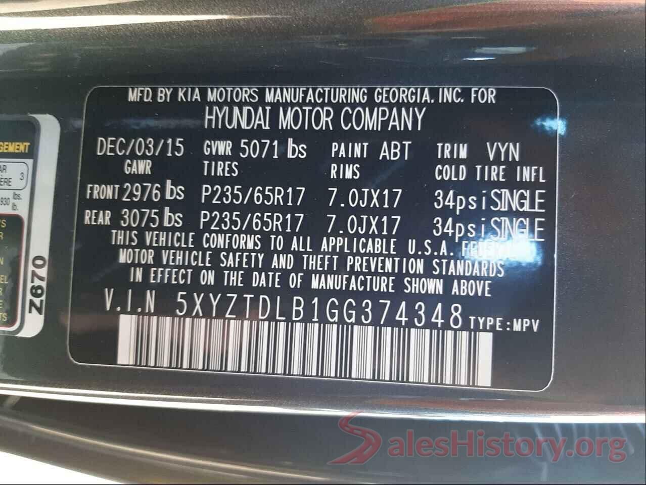 5XYZTDLB1GG374348 2016 HYUNDAI SANTA FE