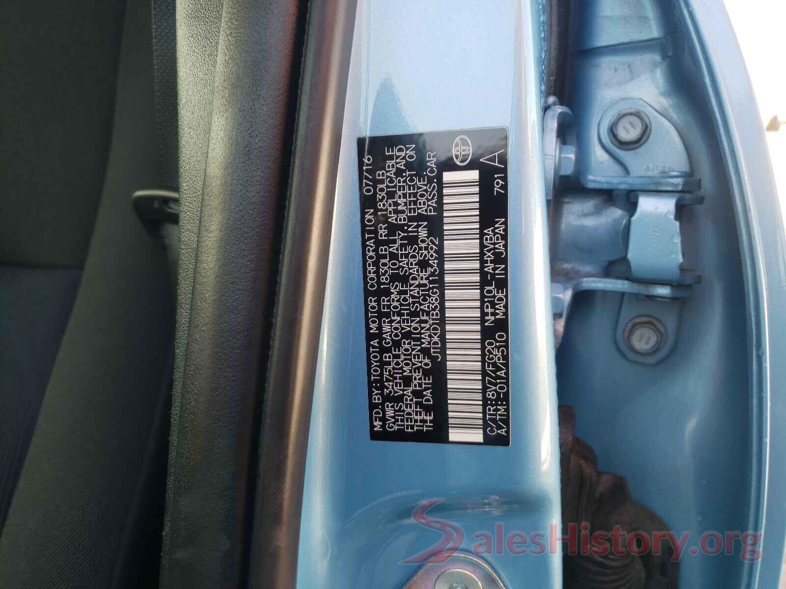 JTDKDTB38G1134992 2016 TOYOTA PRIUS