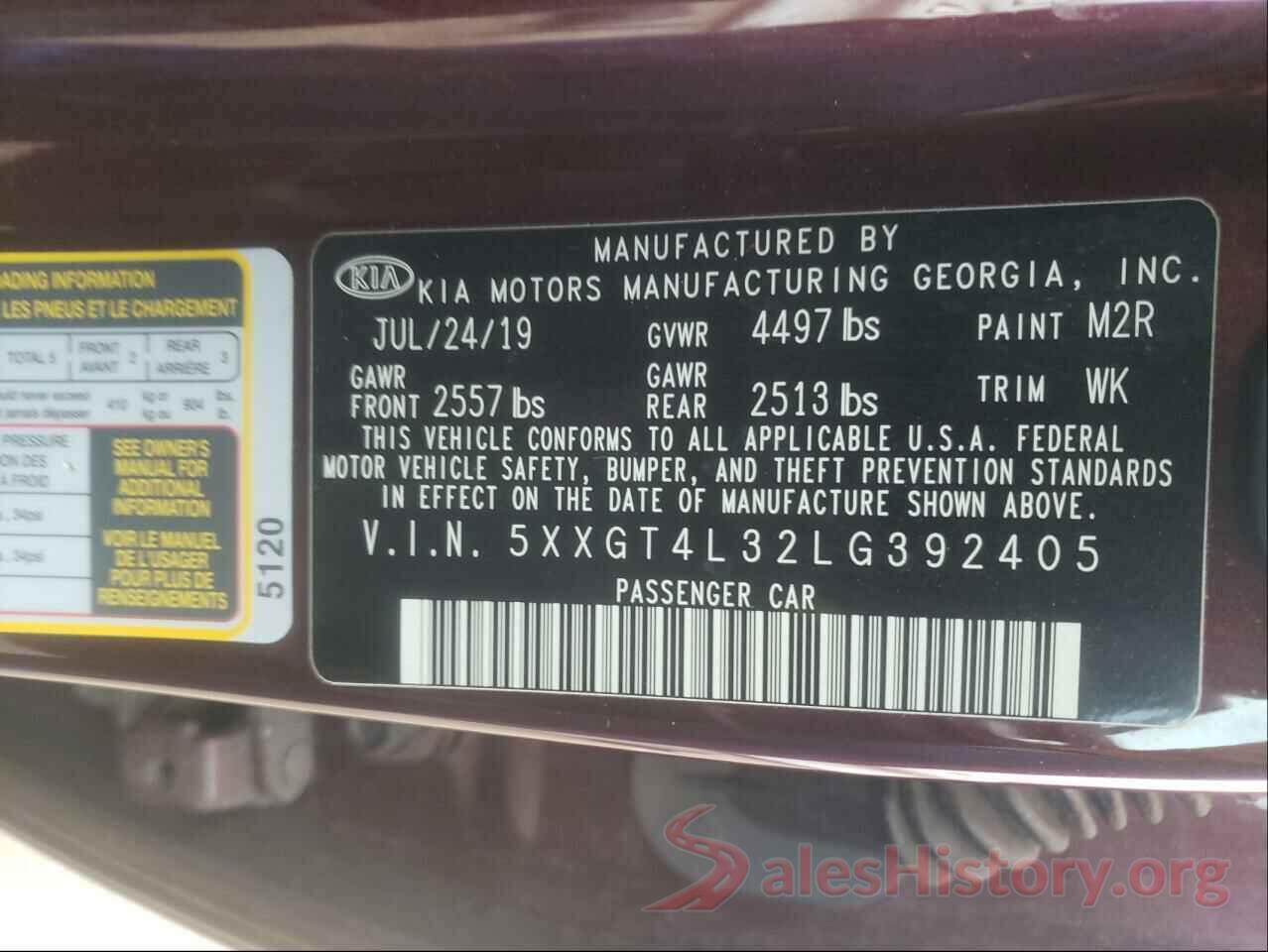 5XXGT4L32LG392405 2020 KIA OPTIMA