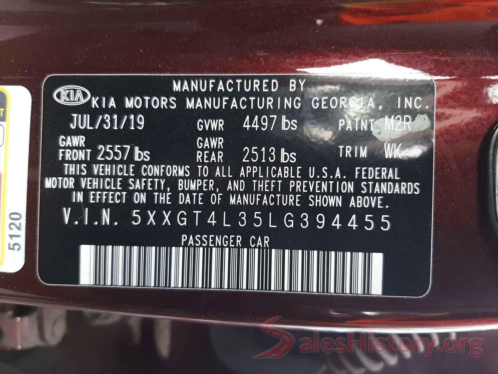 5XXGT4L35LG394455 2020 KIA OPTIMA