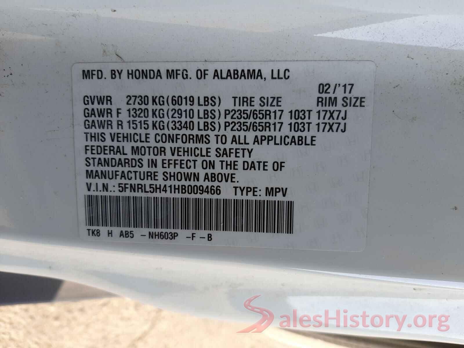 5FNRL5H41HB009466 2017 HONDA ODYSSEY