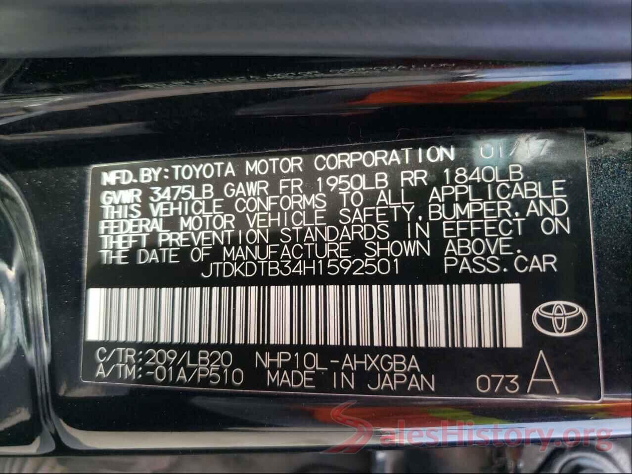 JTDKDTB34H1592501 2017 TOYOTA PRIUS