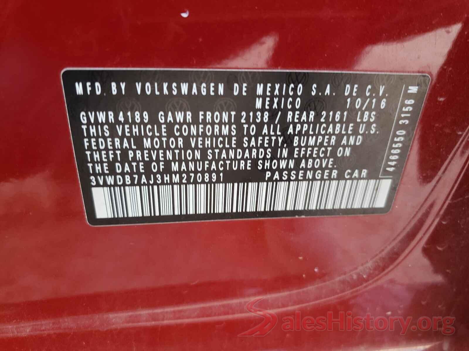 3VWDB7AJ3HM270891 2017 VOLKSWAGEN JETTA