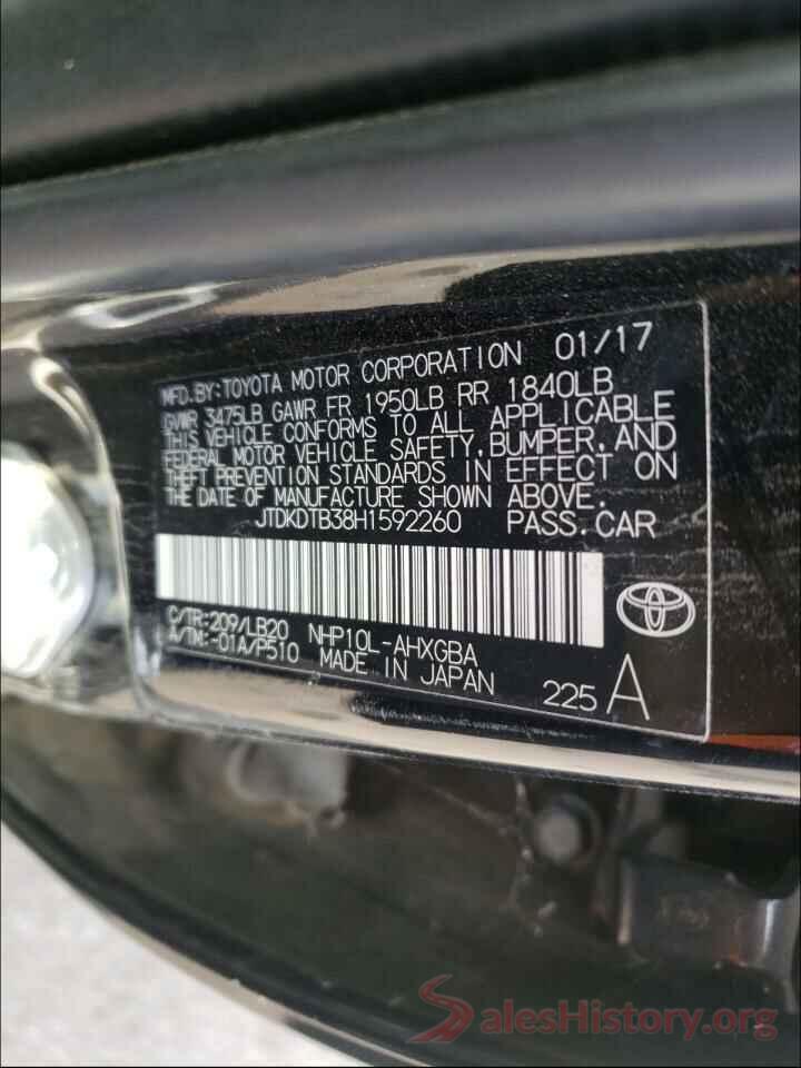 JTDKDTB38H1592260 2017 TOYOTA PRIUS