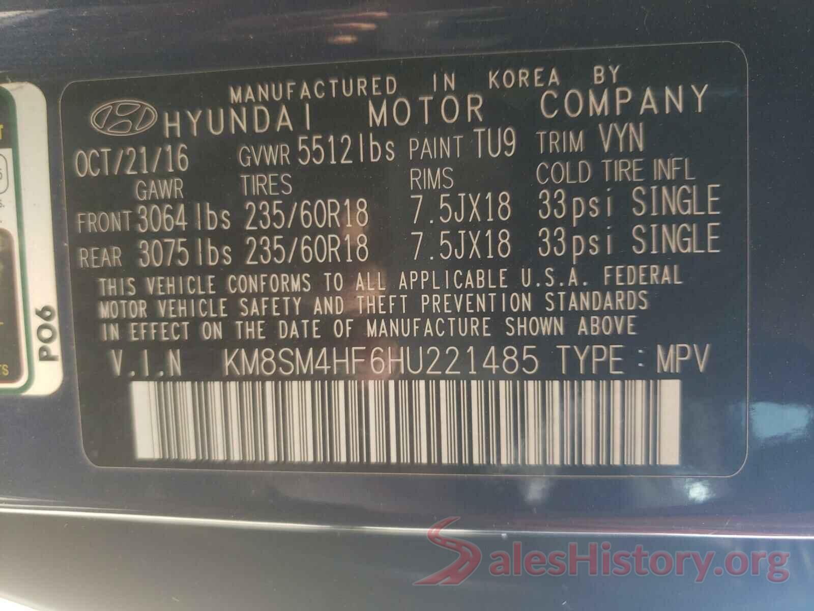 KM8SM4HF6HU221485 2017 HYUNDAI SANTA FE