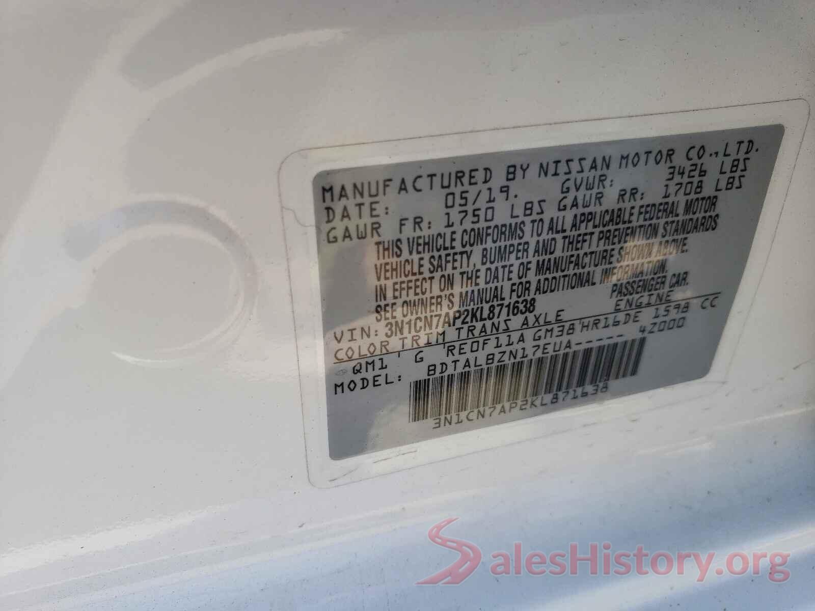 3N1CN7AP2KL871638 2019 NISSAN VERSA