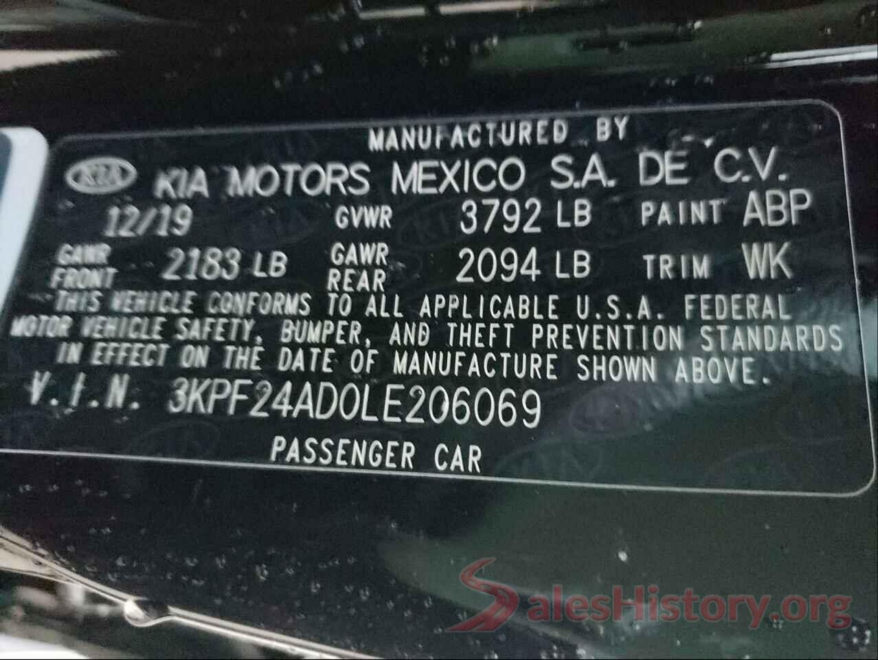 3KPF24AD0LE206069 2020 KIA FORTE