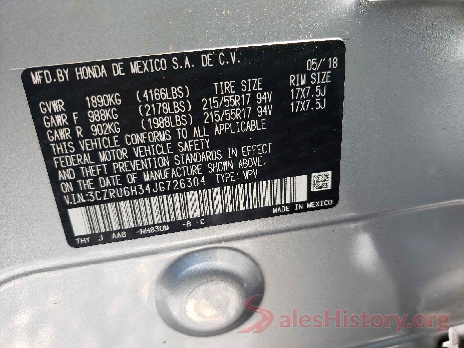 3CZRU6H34JG726304 2018 HONDA HR-V