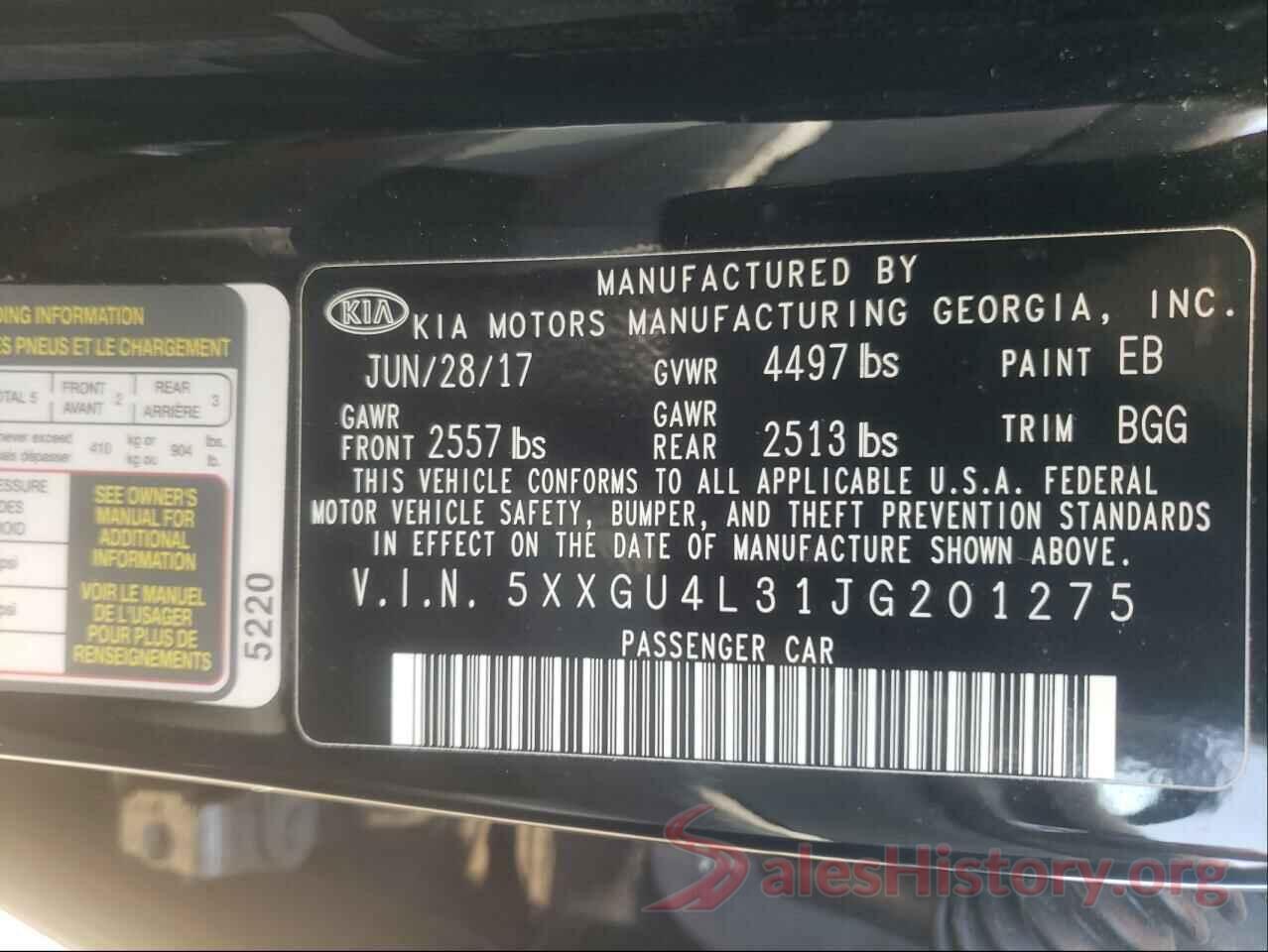 5XXGU4L31JG201275 2018 KIA OPTIMA