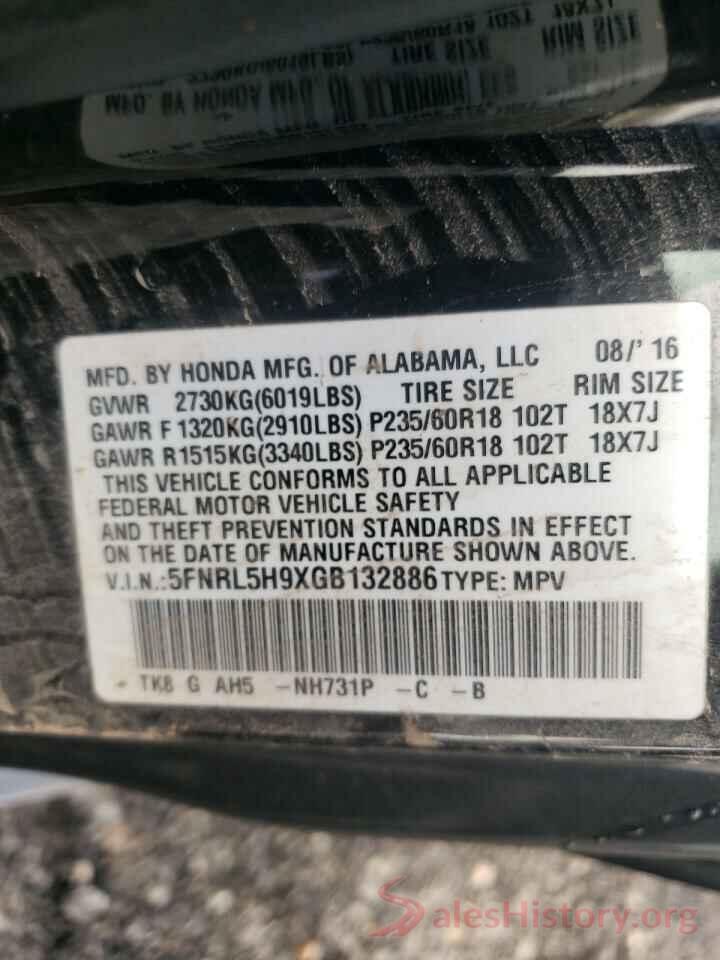 5FNRL5H9XGB132886 2016 HONDA ODYSSEY