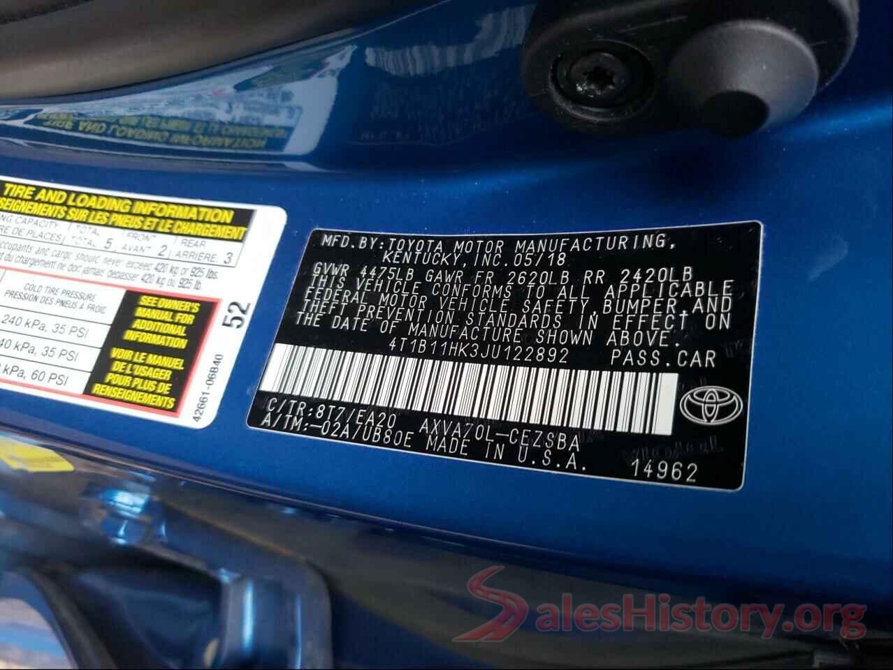 4T1B11HK3JU122892 2018 TOYOTA CAMRY