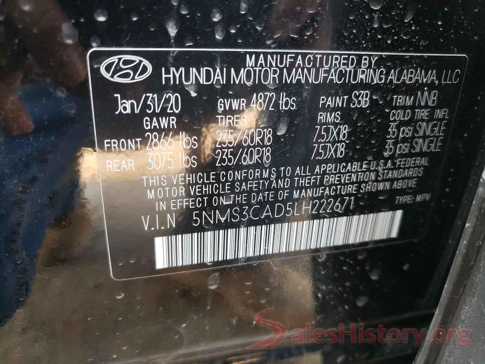 5NMS3CAD5LH222671 2020 HYUNDAI SANTA FE